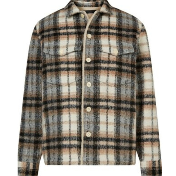 All Saints Cayuga Jacket Mens Medium Ecru Plaid Wool Blend Lined Shacket Button - Picture 15 of 16